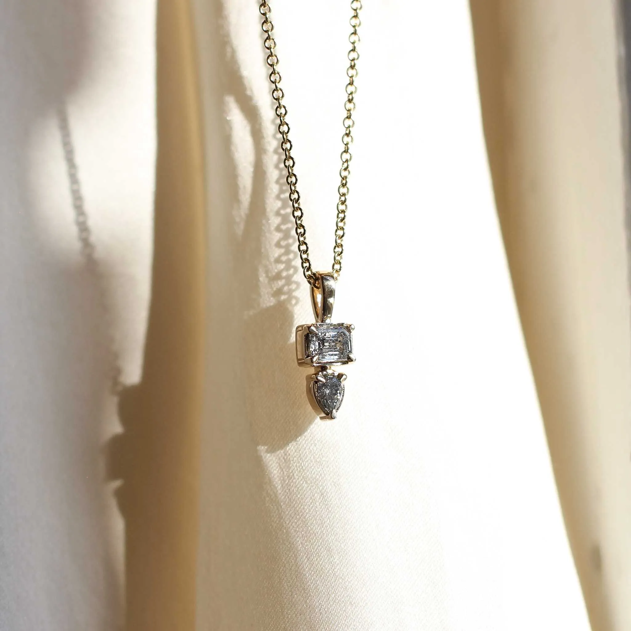 0.45ct Emerald Cut and Pear Diamond Toi Et Moi Necklace
