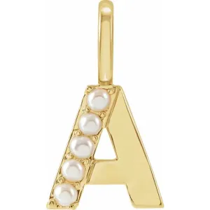14K Yellow Gold Cultured White Pearl Initial A Charm/Pendant