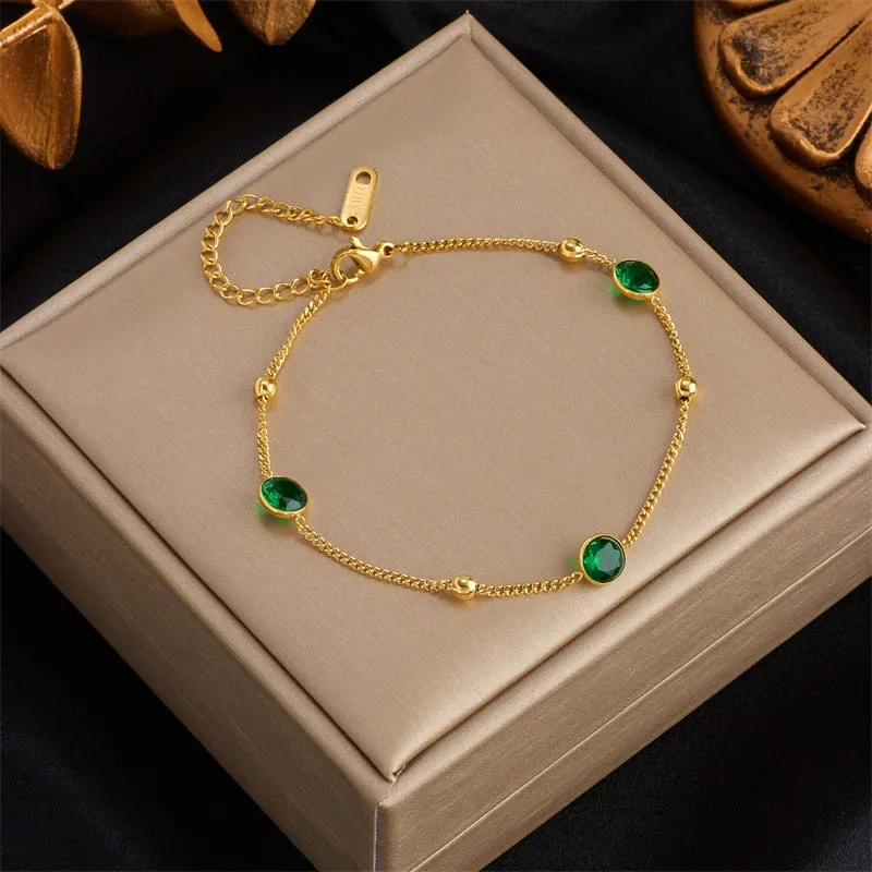 316L Stainless Steel Jewelry Green Zircon Charm Bracelet For Women