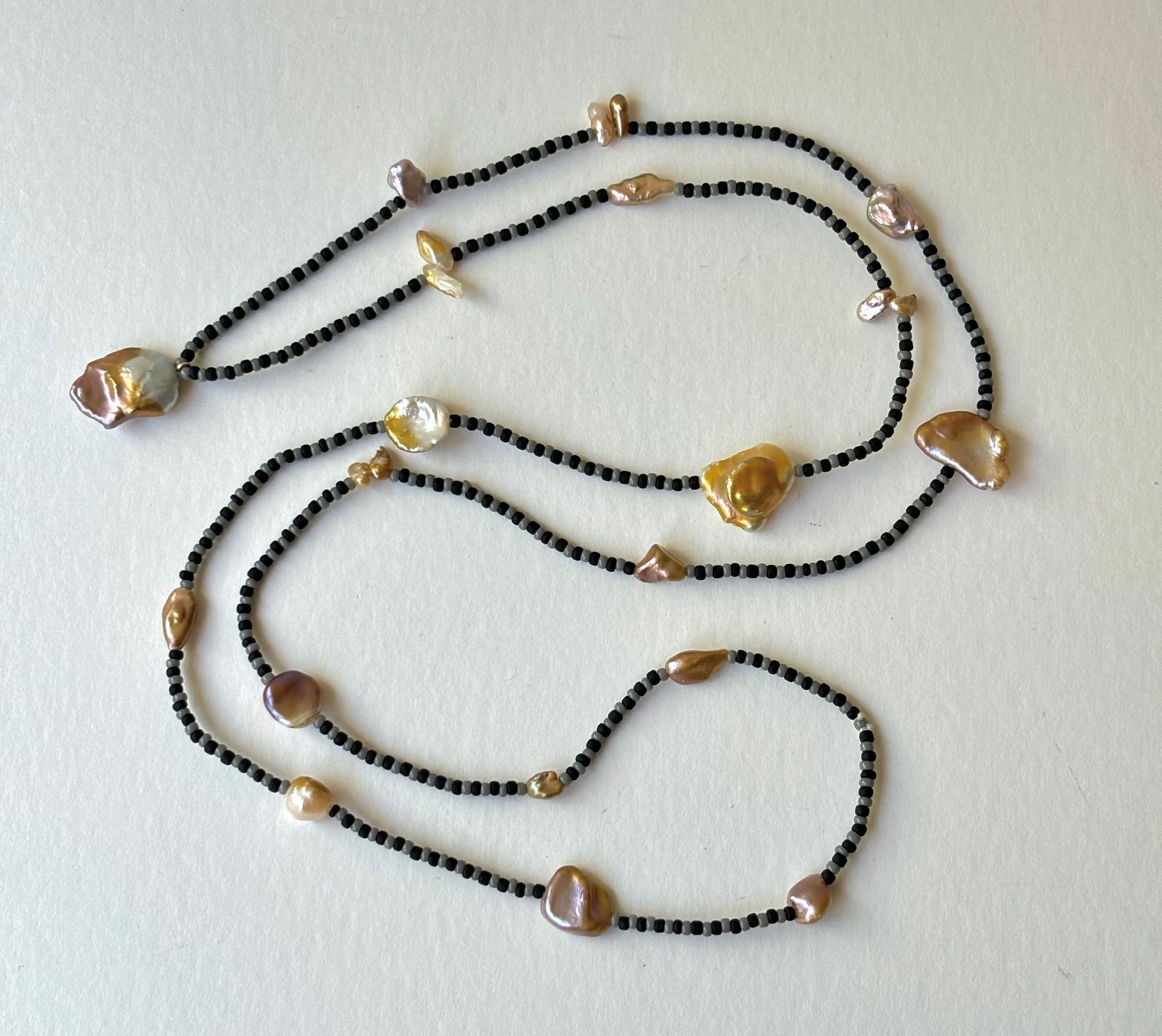 32" KESHI PEARL DROP ON MATTE BLACK AND GREY SEED BEAD NECKLACE