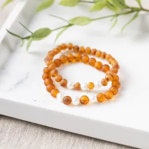 Adults | Freshwater Pearl Accent   Raw Cognac Amber Bracelet