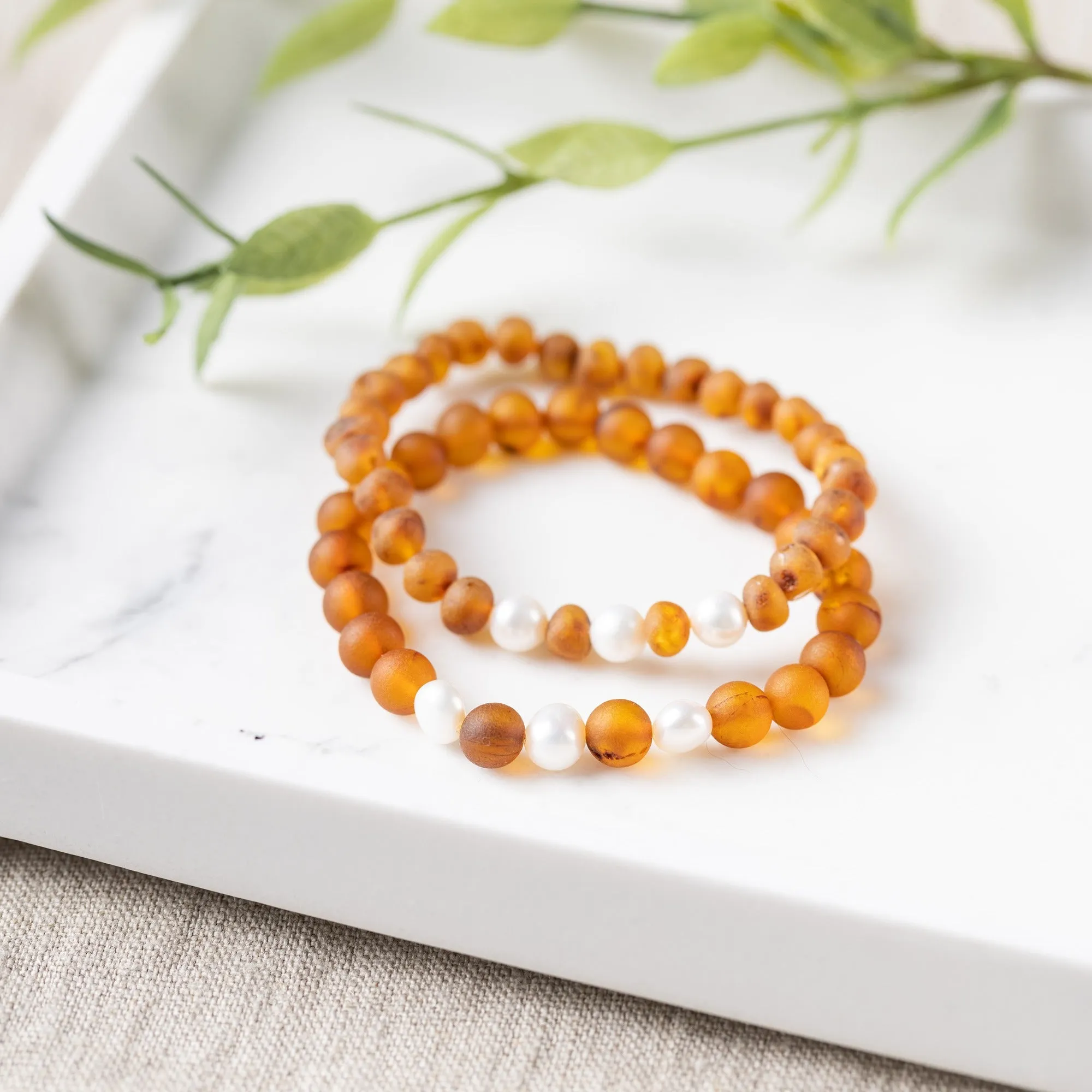 Adults | Freshwater Pearl Accent   Raw Cognac Amber Bracelet