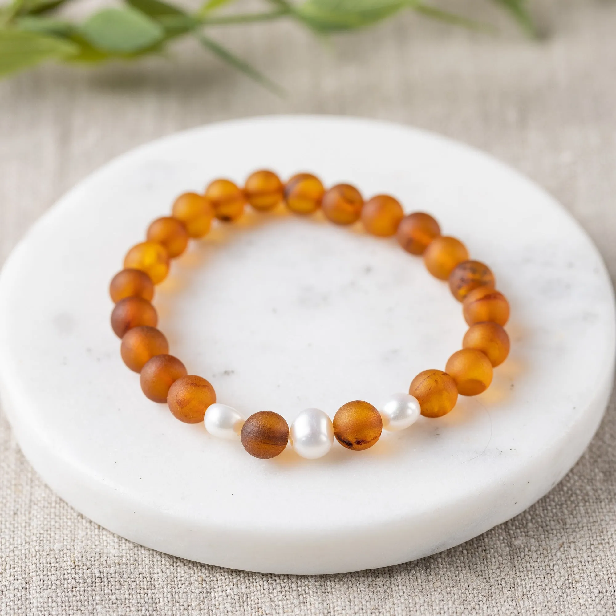 Adults | Freshwater Pearl Accent   Raw Cognac Amber Bracelet