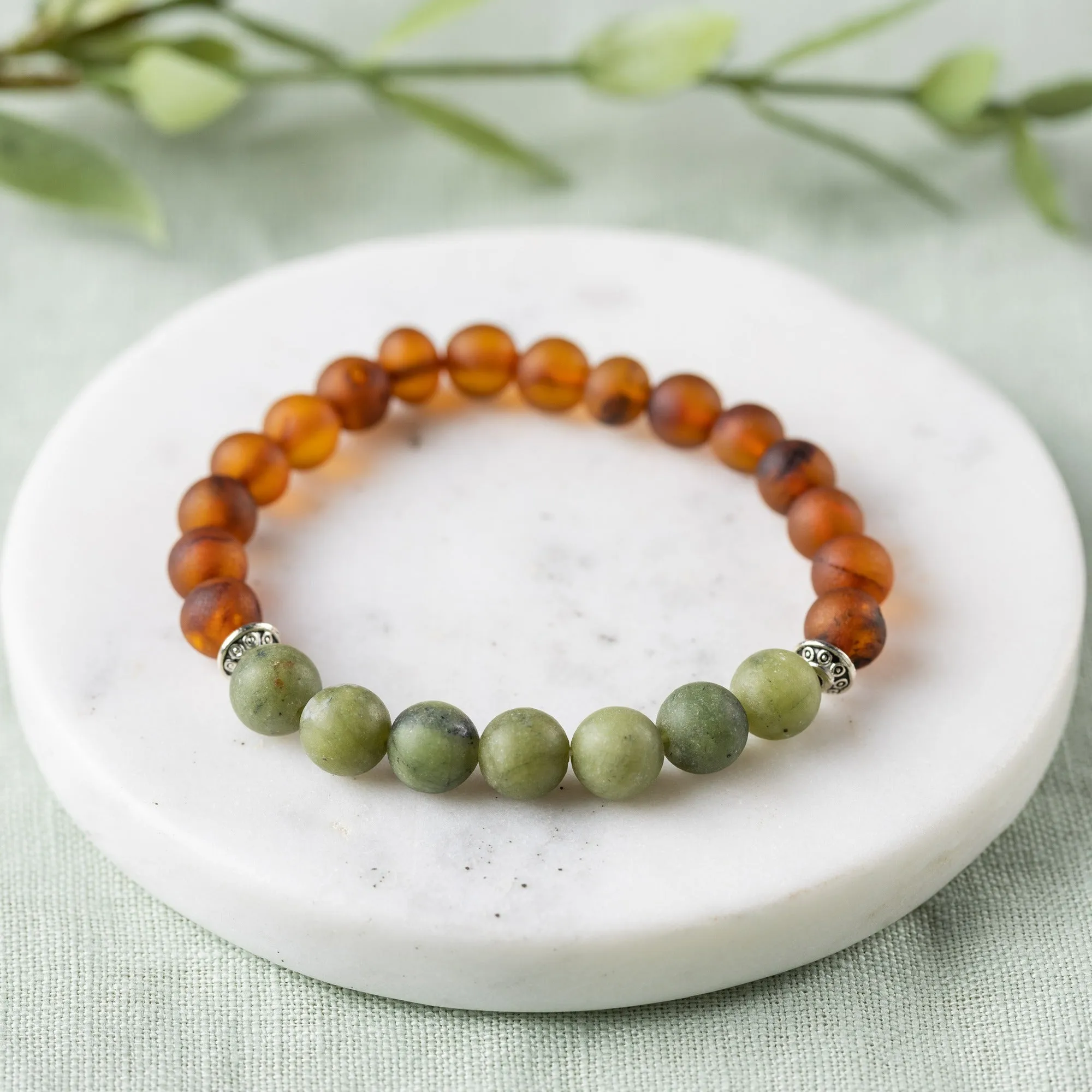 Adults | Green Jade   Raw Cognac Amber Bracelet