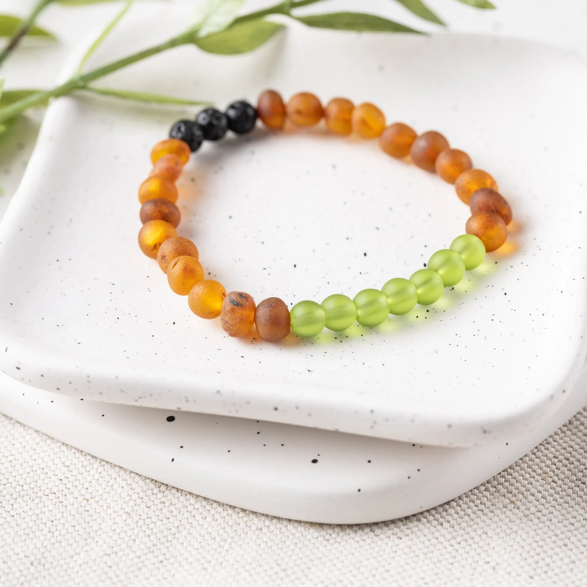 Adults | Green Sea Glass   Raw Cognac Aromatherapy Bracelet