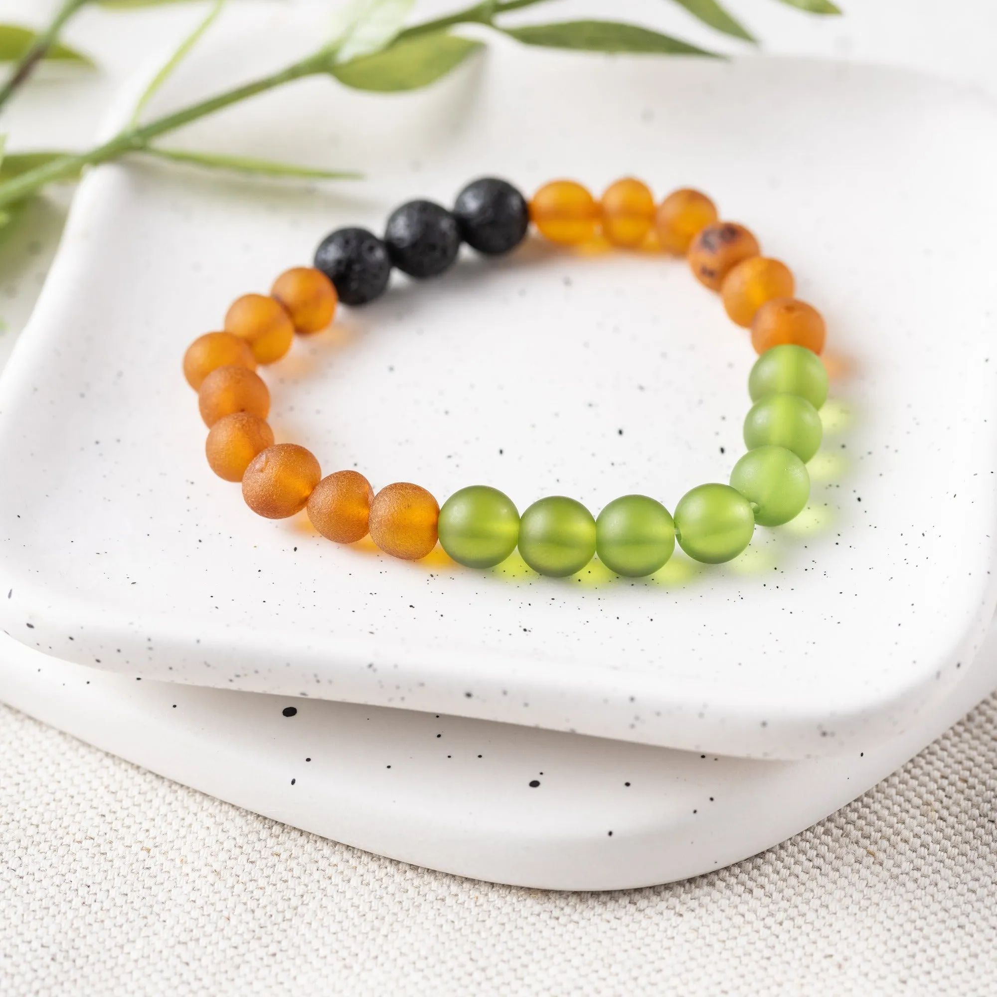 Adults | Green Sea Glass   Raw Cognac Aromatherapy Bracelet