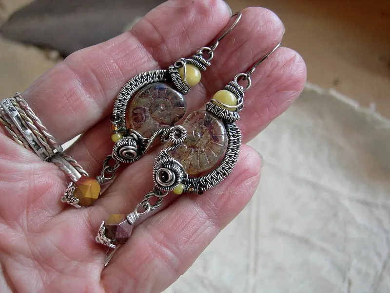 Amber & Sterling Wire Wrap Nautilus Earrings, Dramatic Boho Style