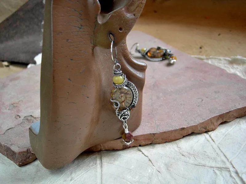 Amber & Sterling Wire Wrap Nautilus Earrings, Dramatic Boho Style
