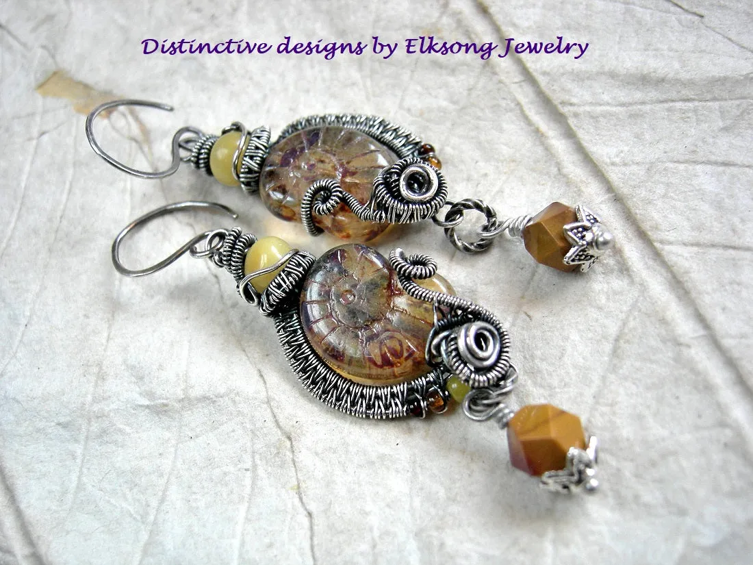 Amber & Sterling Wire Wrap Nautilus Earrings, Dramatic Boho Style