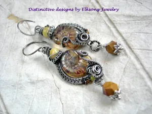 Amber & Sterling Wire Wrap Nautilus Earrings, Dramatic Boho Style
