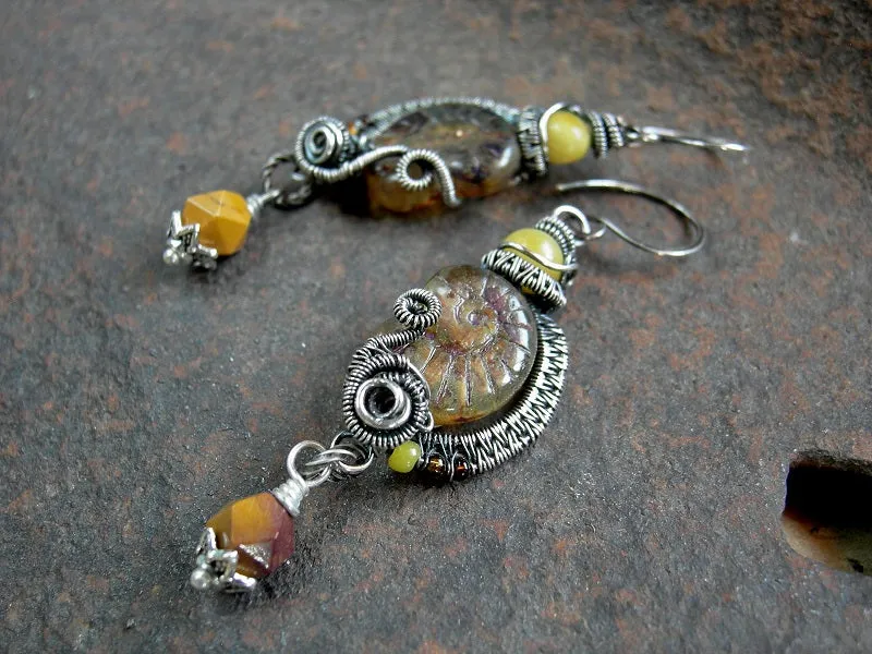 Amber & Sterling Wire Wrap Nautilus Earrings, Dramatic Boho Style