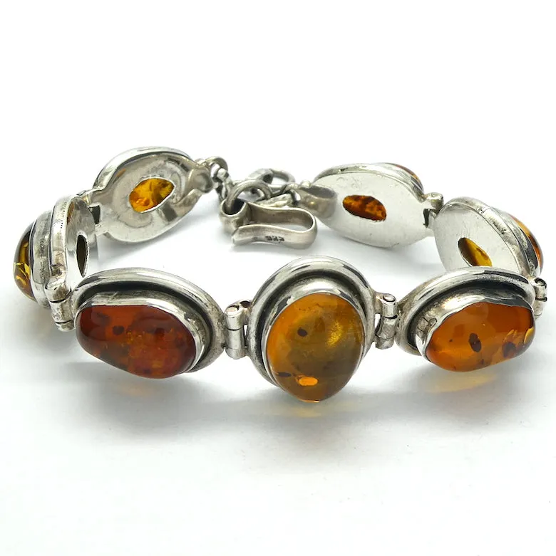 Amber Bracelet, Seven Raw Polished Nuggets in 925 Sterling Silver