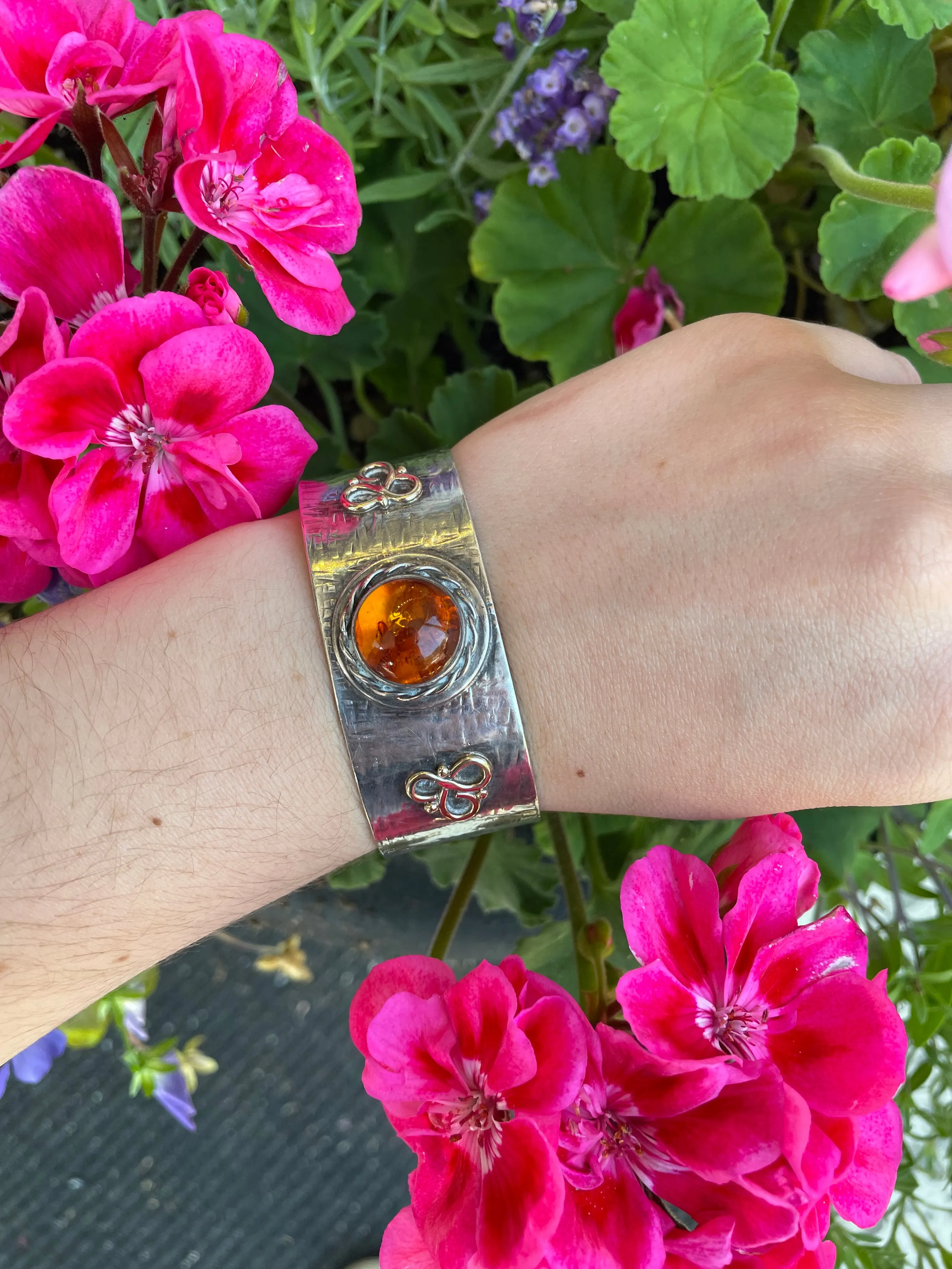 Amber, Sterling and Gold Cuff Bracelet