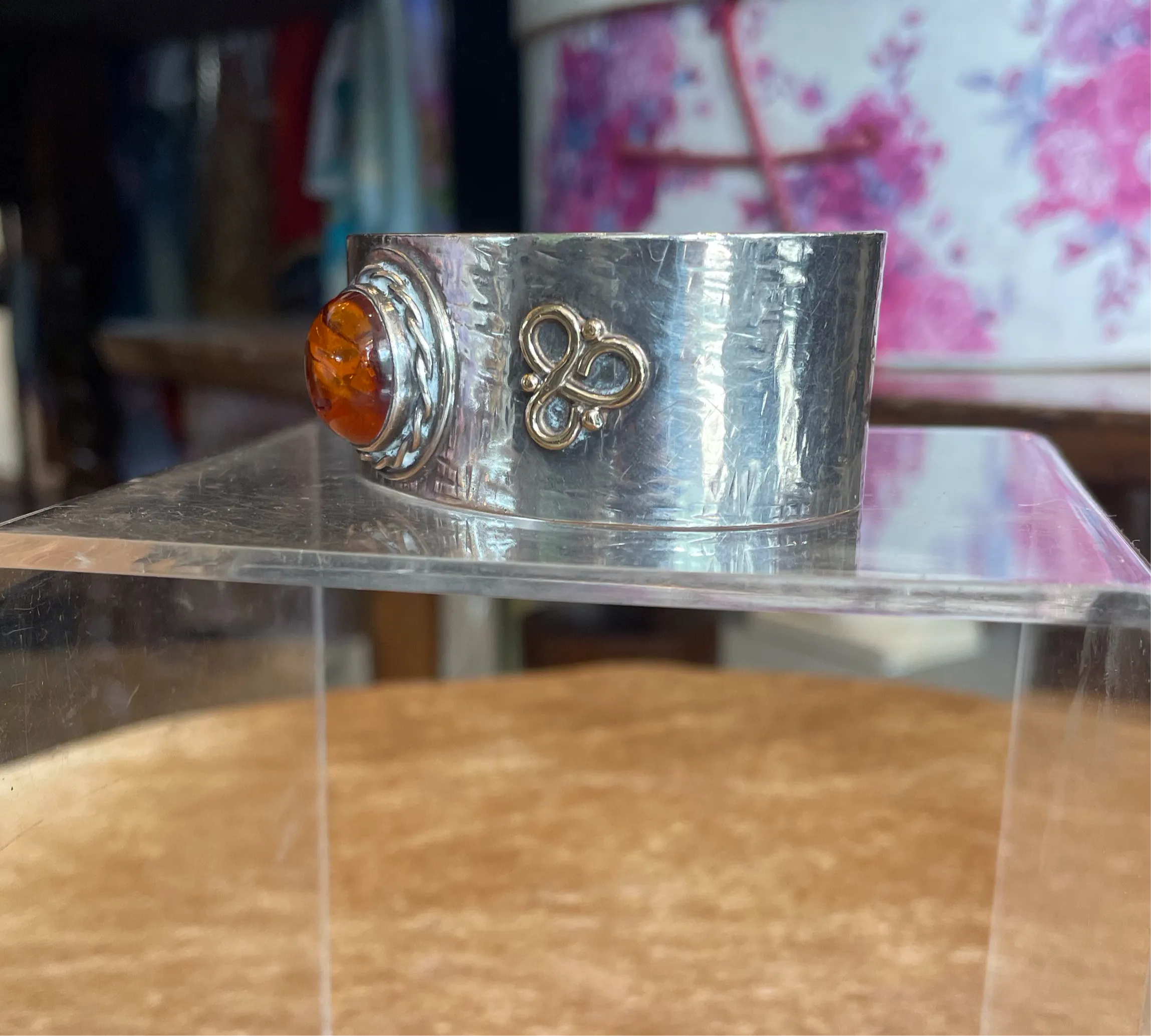 Amber, Sterling and Gold Cuff Bracelet