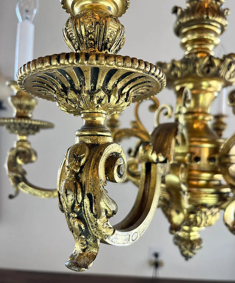 Antique Circa 1900 French Bronze and Ormolu Regency Six Light Chandelier