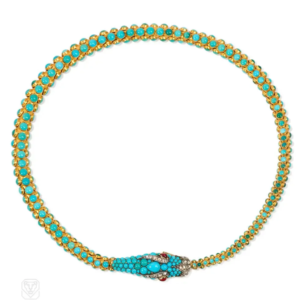 Antique gold and turquoise snake necklace