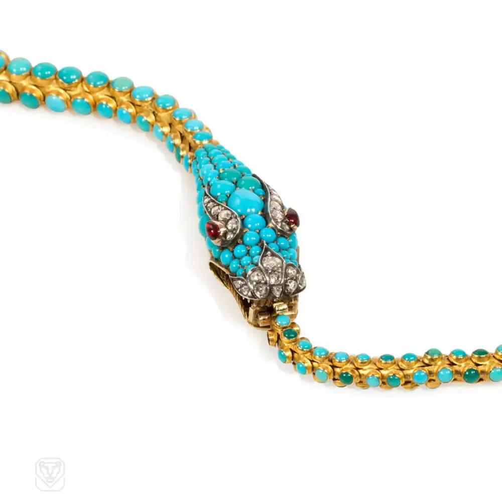 Antique gold and turquoise snake necklace