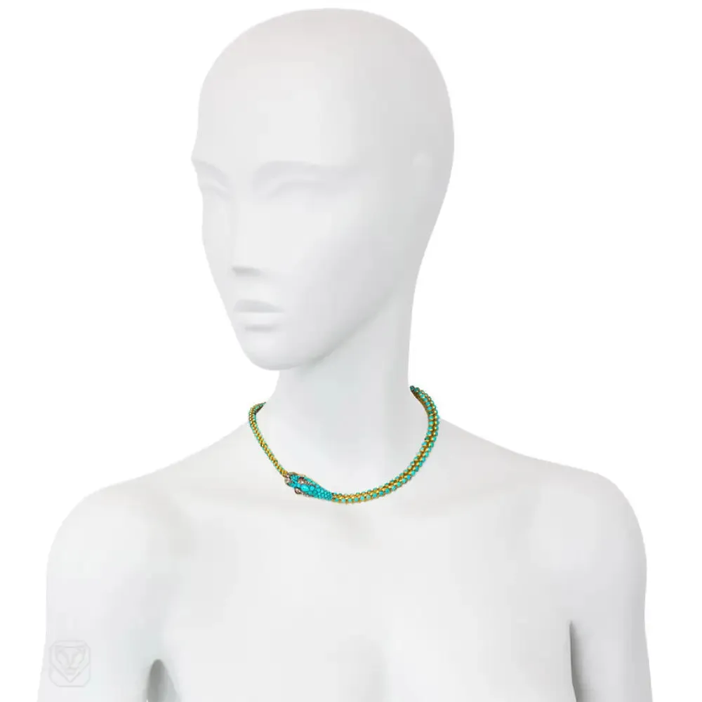 Antique gold and turquoise snake necklace