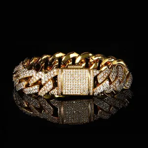Color: Golden Width 15mm, Size: Bracelet 8 Inches - 15mm Flip Buckle Double Row Zircon Rhombus Cuban Bracelet