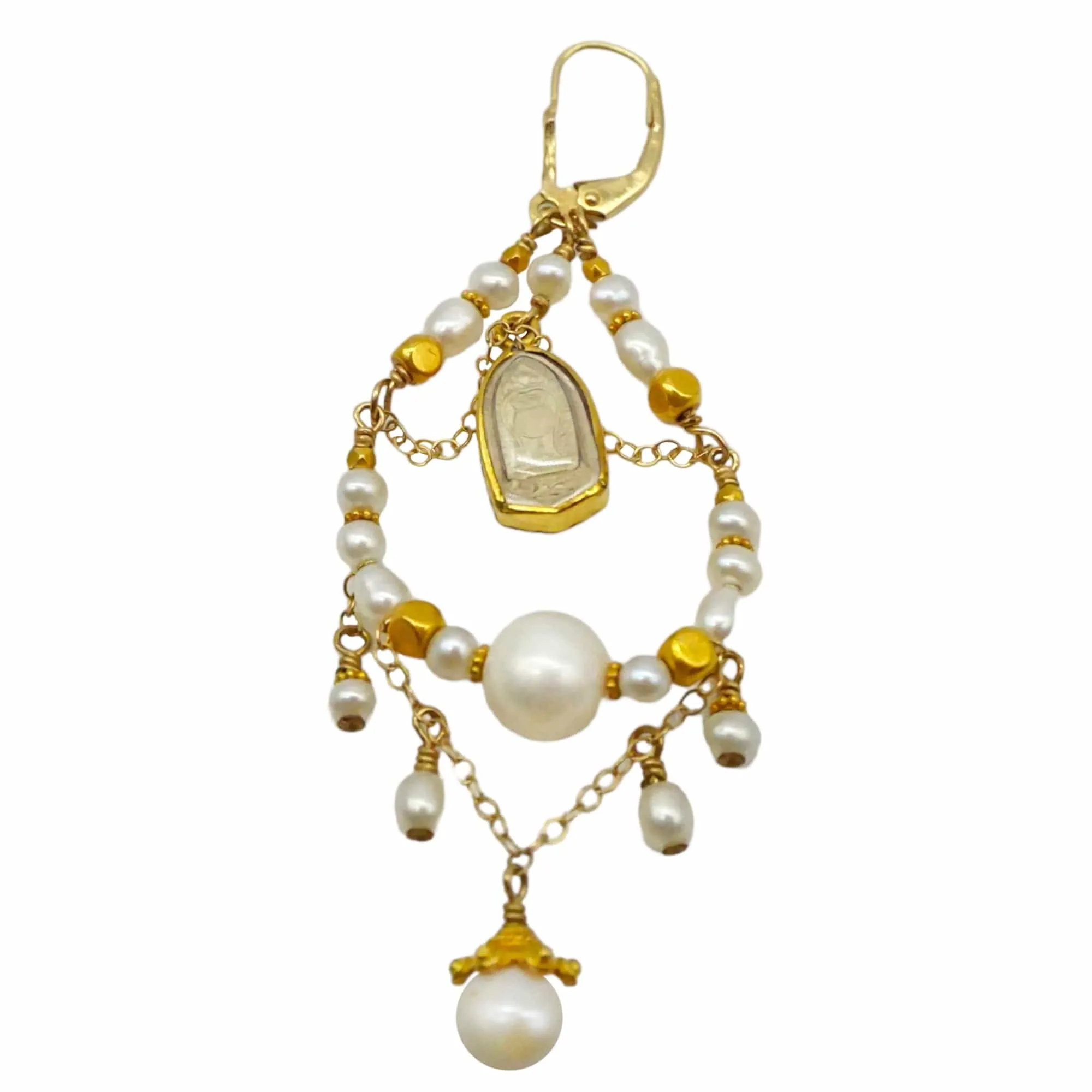 EARRINGS 14K Gold Pearl, Medallion & Chain Chandelier Earrings