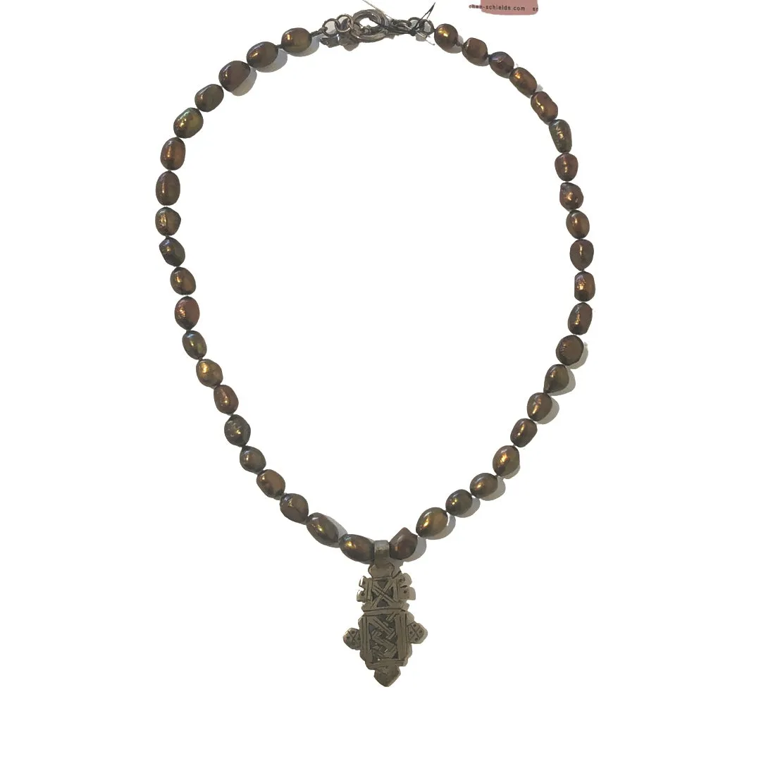 Freshwater Golden Brown Pearl Necklace with Ethiopian Cross