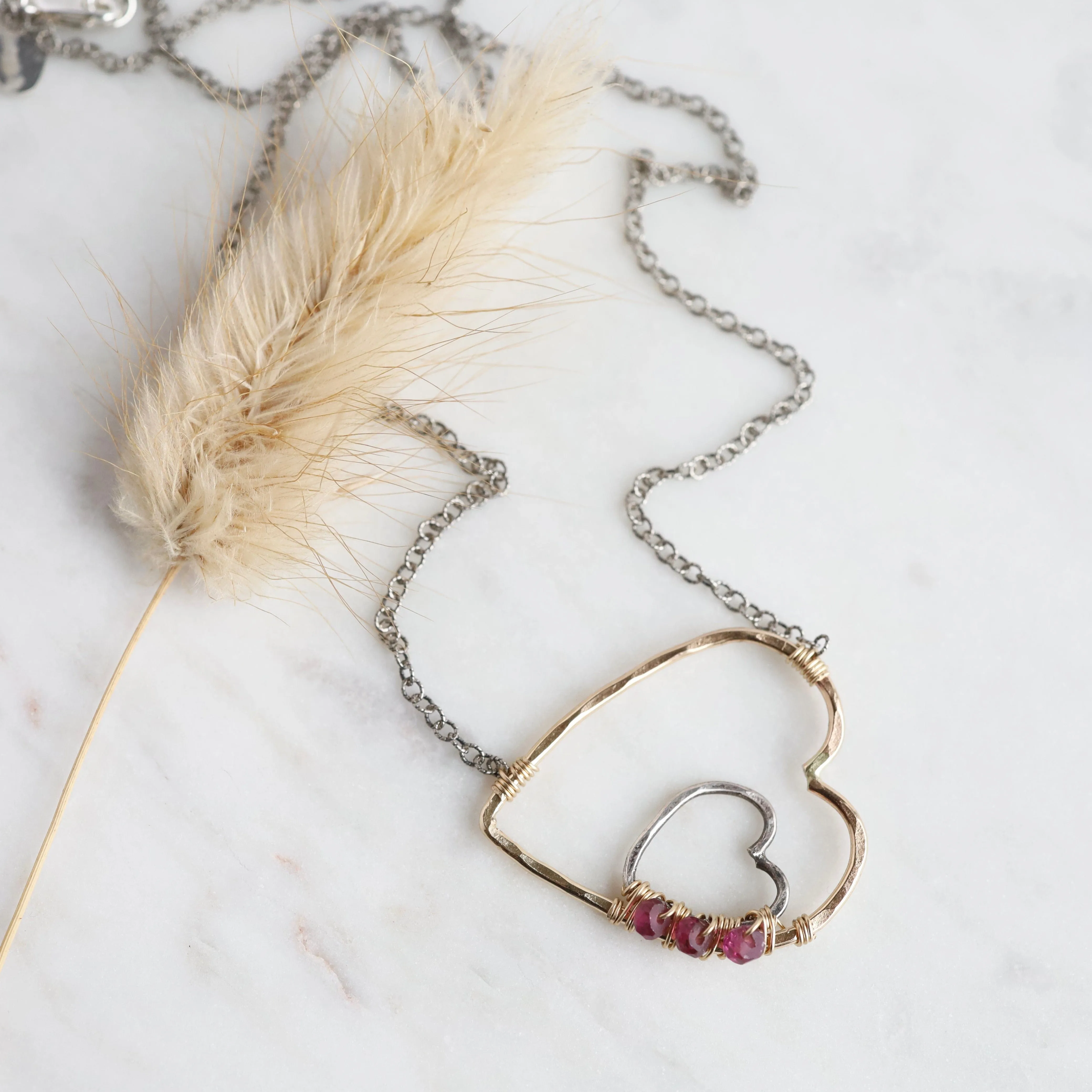 Gold & Silver Heart with Rhodolite Garnet Necklace