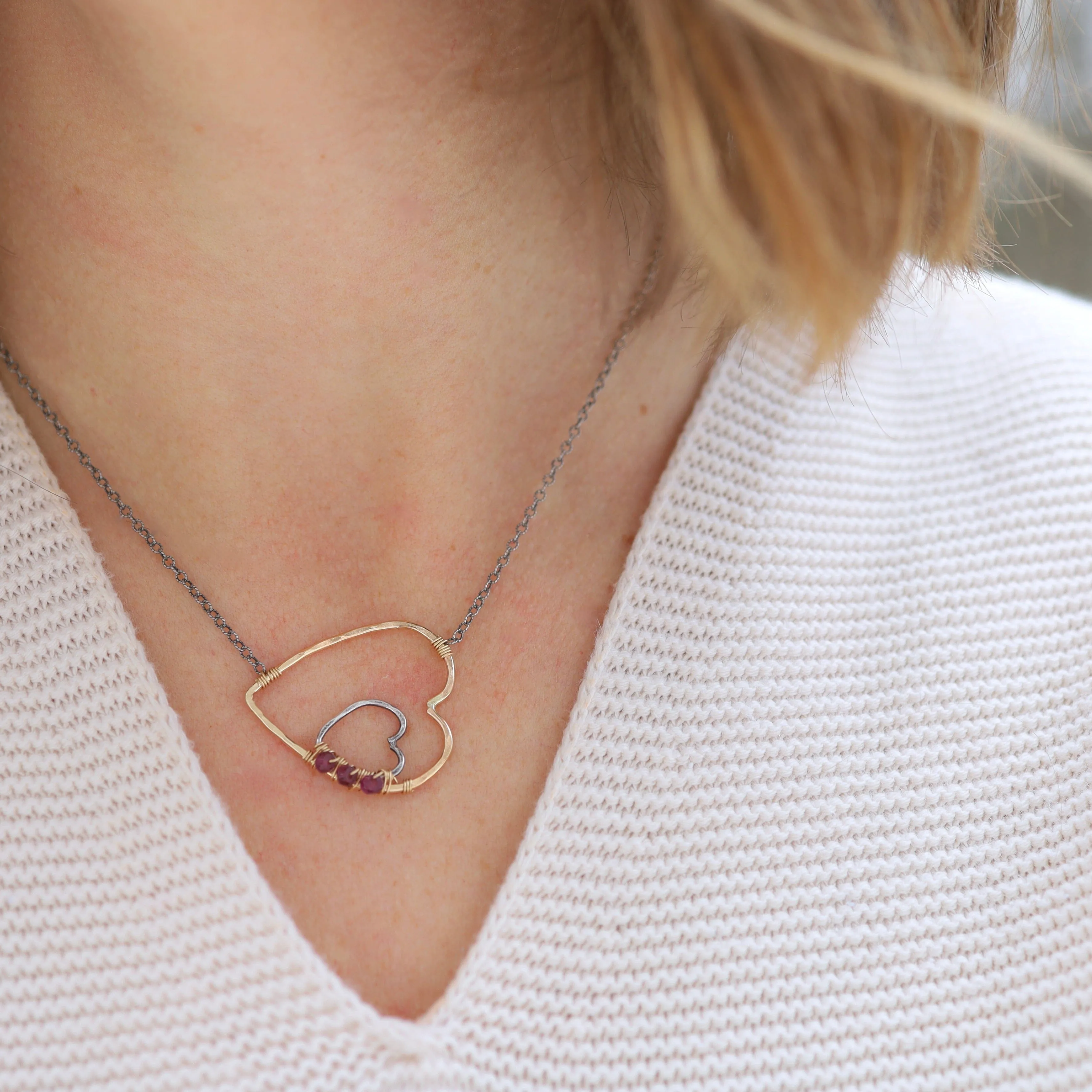 Gold & Silver Heart with Rhodolite Garnet Necklace
