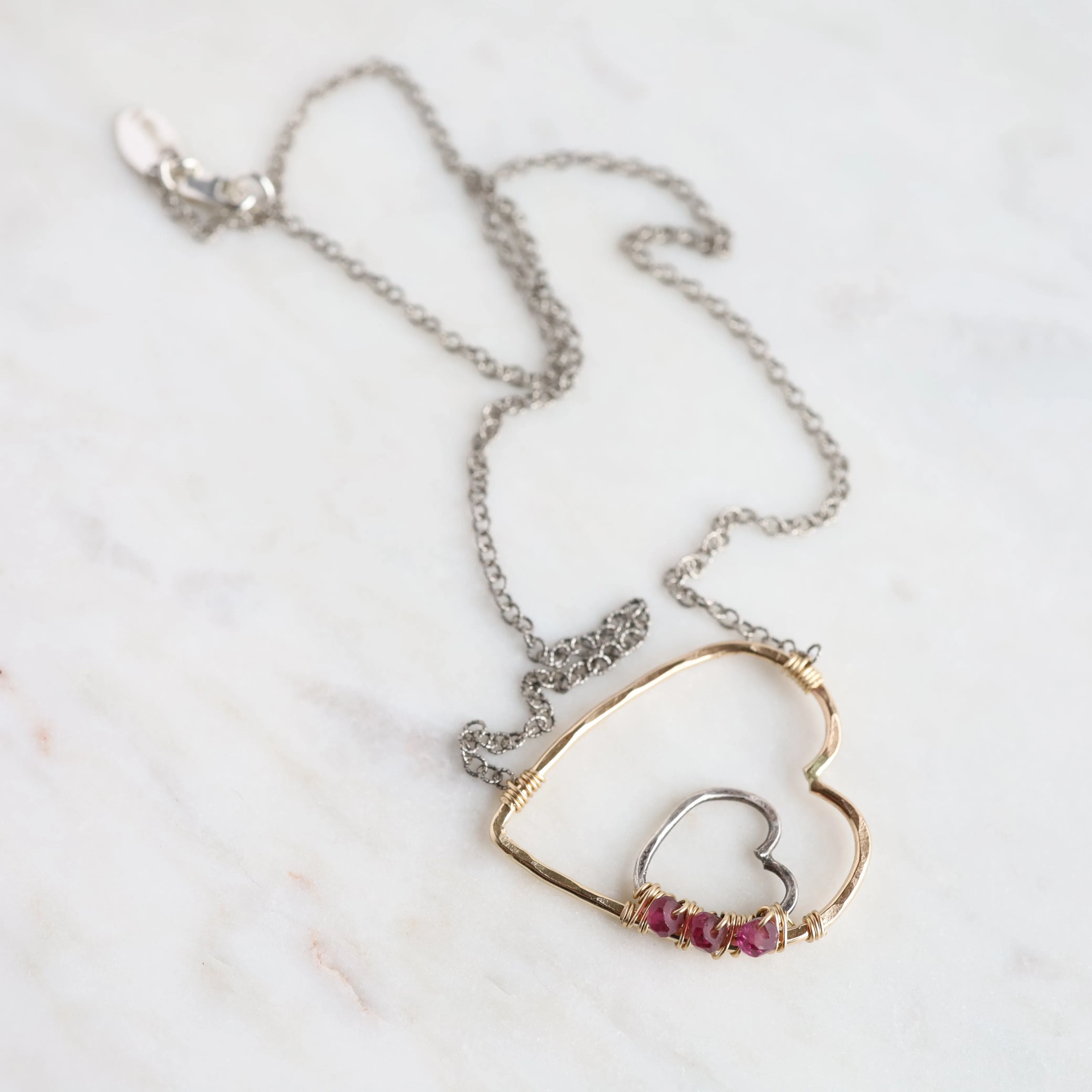 Gold & Silver Heart with Rhodolite Garnet Necklace