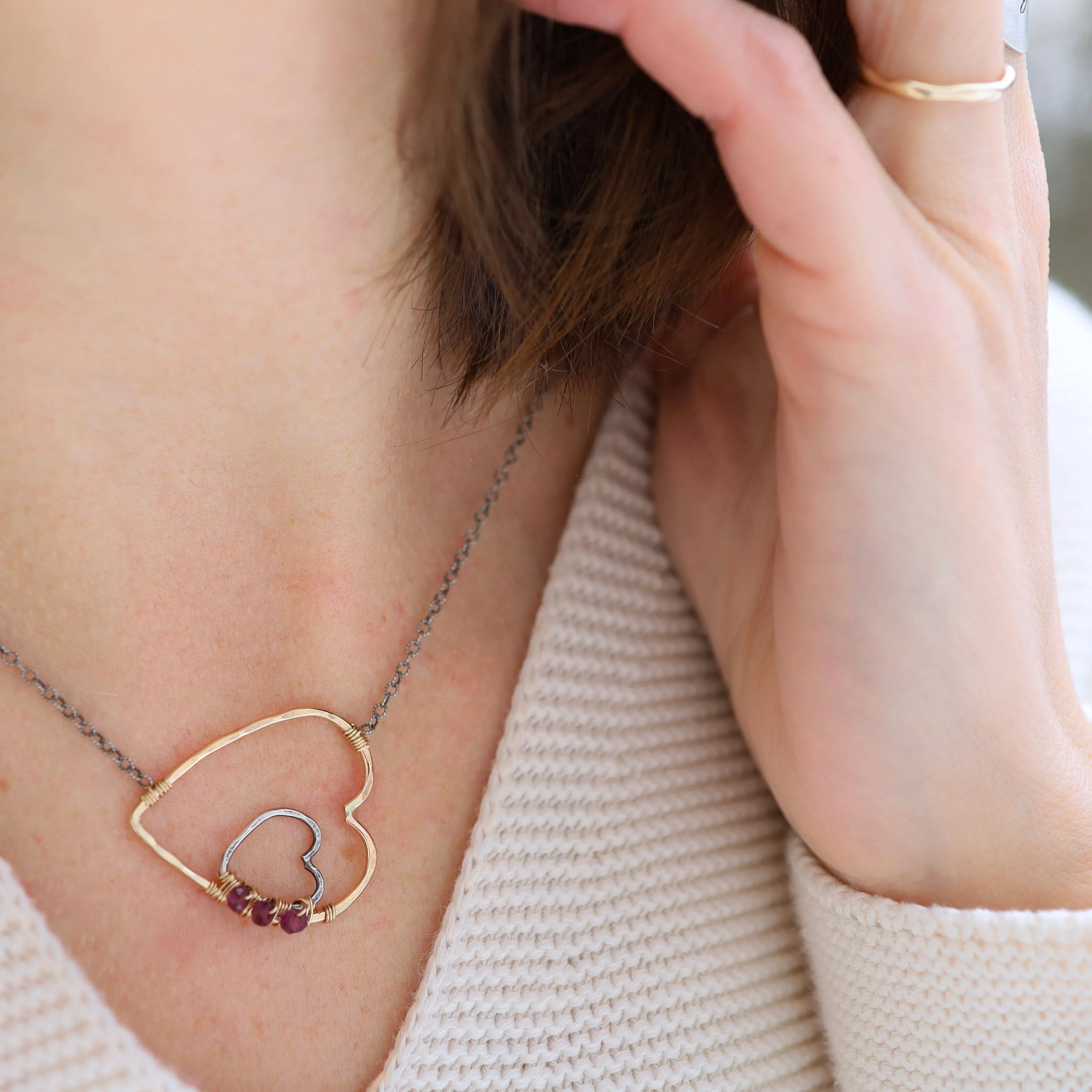 Gold & Silver Heart with Rhodolite Garnet Necklace