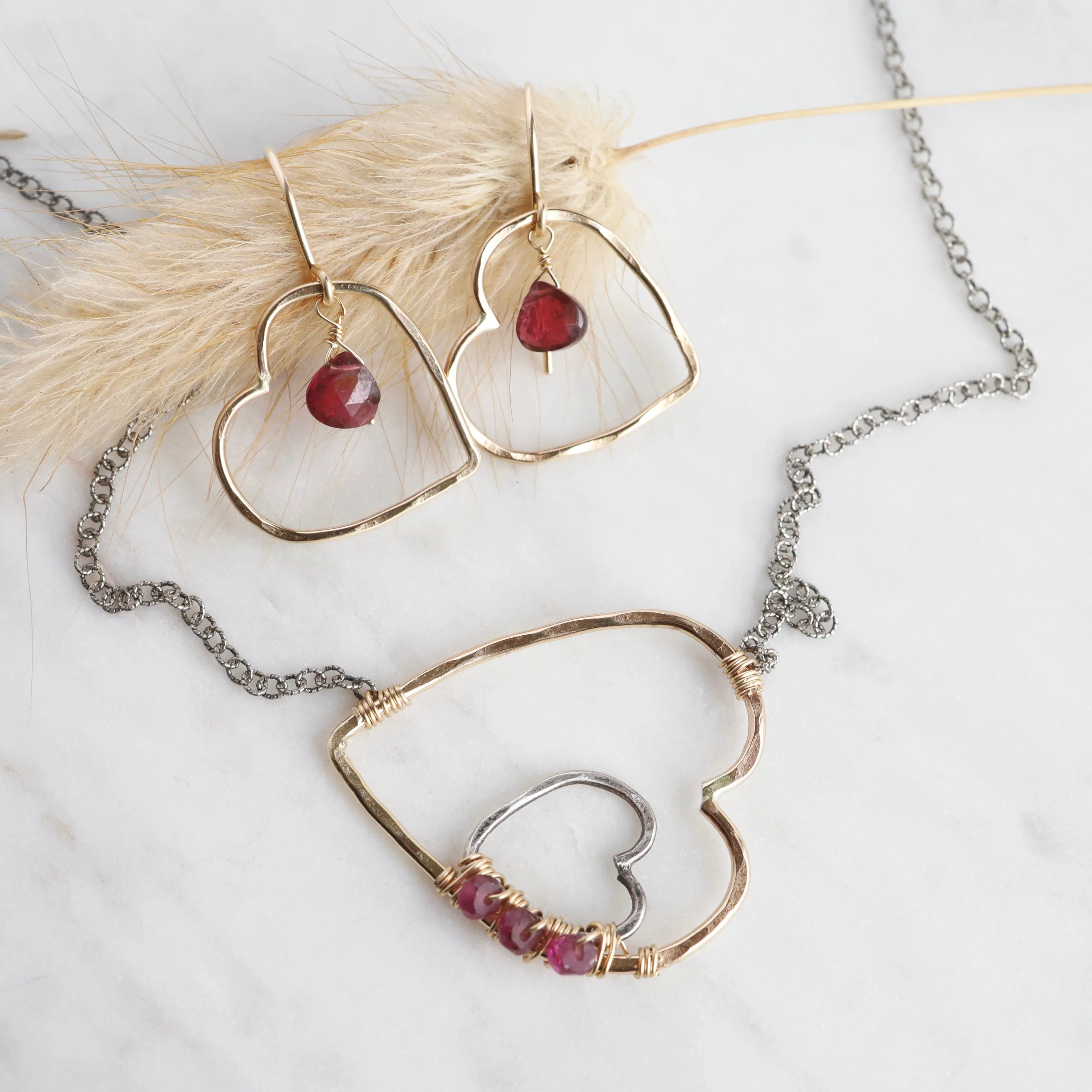 Gold & Silver Heart with Rhodolite Garnet Necklace