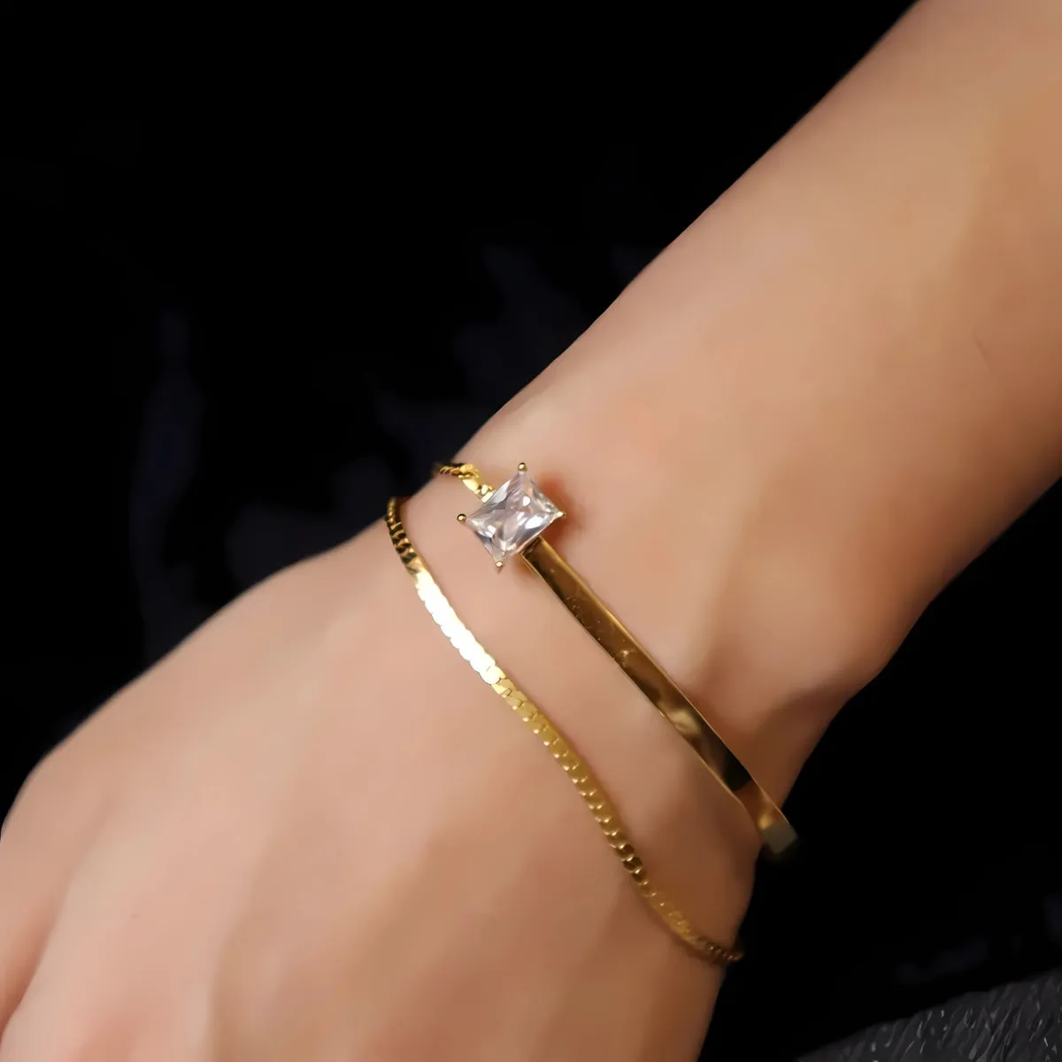 Gold Curved Bar Rectangular CZ Double Wrap Bracelet