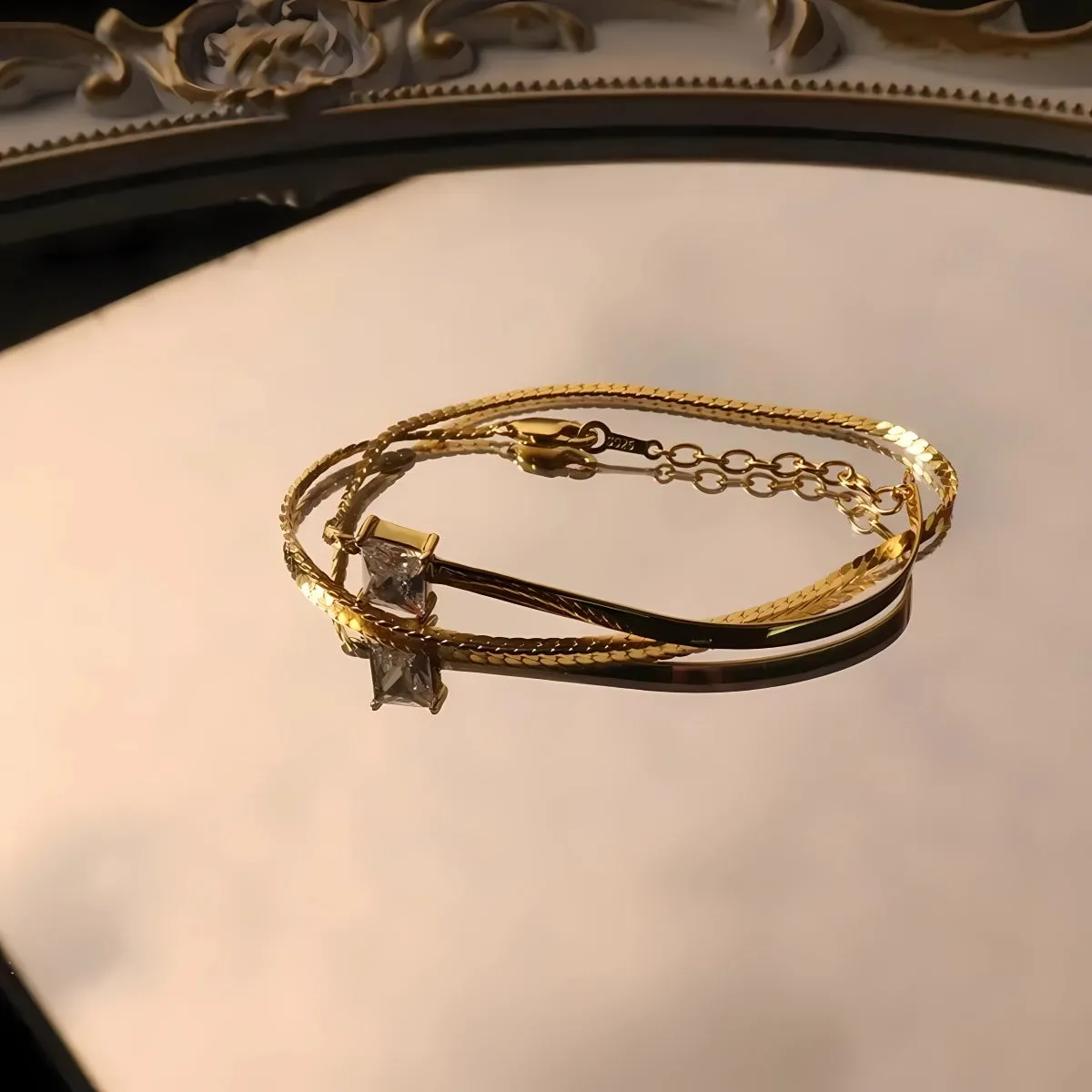 Gold Curved Bar Rectangular CZ Double Wrap Bracelet