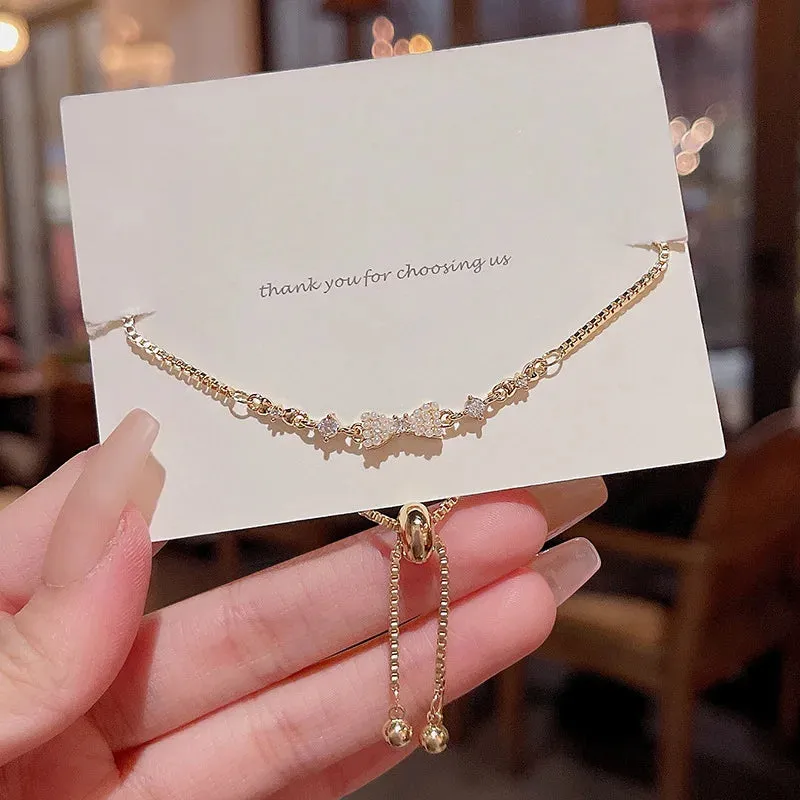 Golden Alloy Sweet Bow Bracelet For Women Adjustable Pearl Zircon Inlay