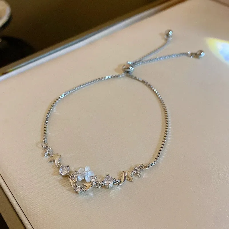 Golden Alloy Sweet Bow Bracelet For Women Adjustable Pearl Zircon Inlay
