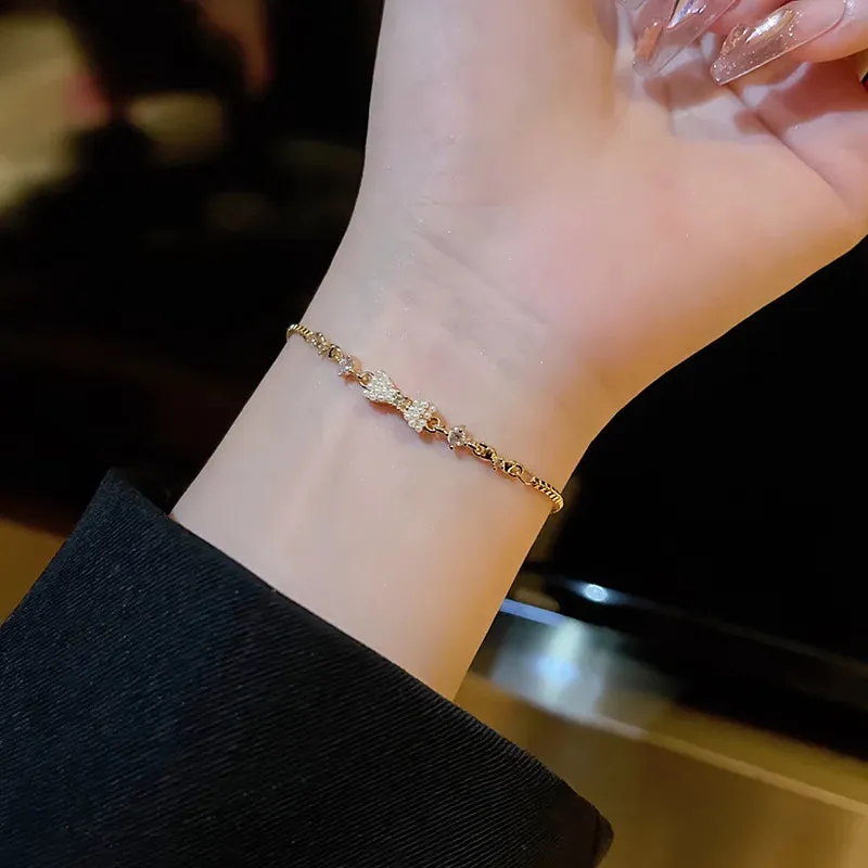 Golden Alloy Sweet Bow Bracelet For Women Adjustable Pearl Zircon Inlay