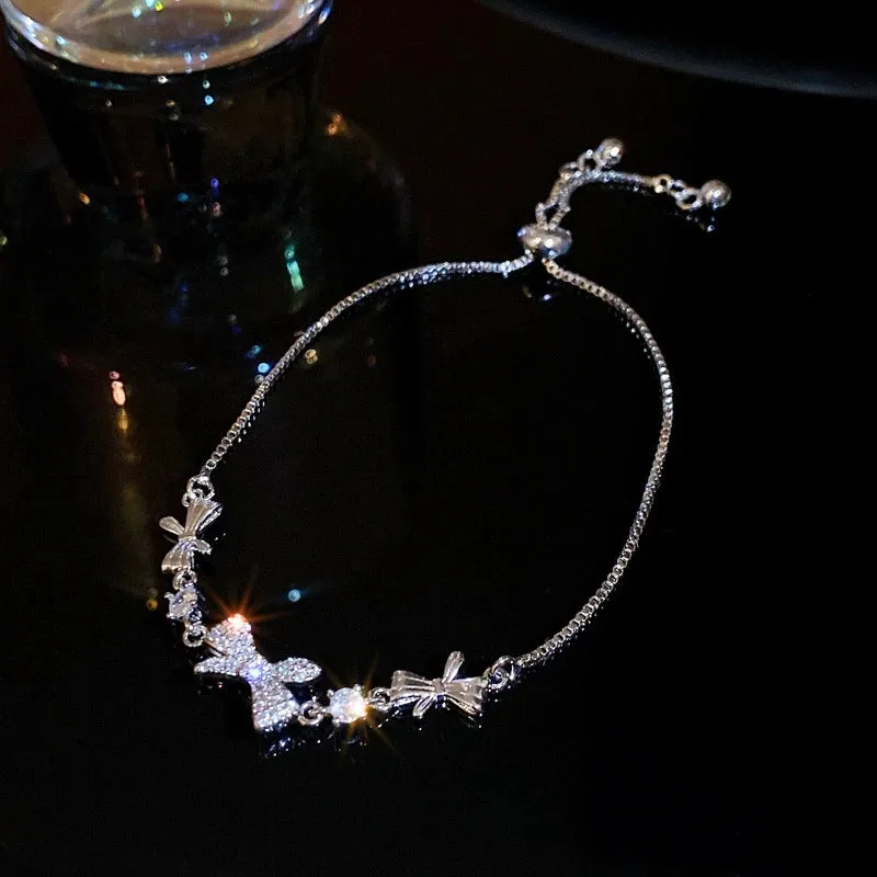 Golden Alloy Sweet Bow Bracelet For Women Adjustable Pearl Zircon Inlay