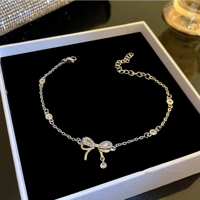 Golden Alloy Sweet Bow Bracelet For Women Adjustable Pearl Zircon Inlay