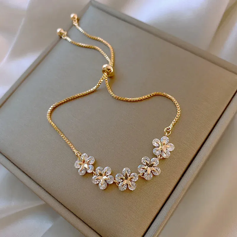 Golden Alloy Sweet Bow Bracelet For Women Adjustable Pearl Zircon Inlay