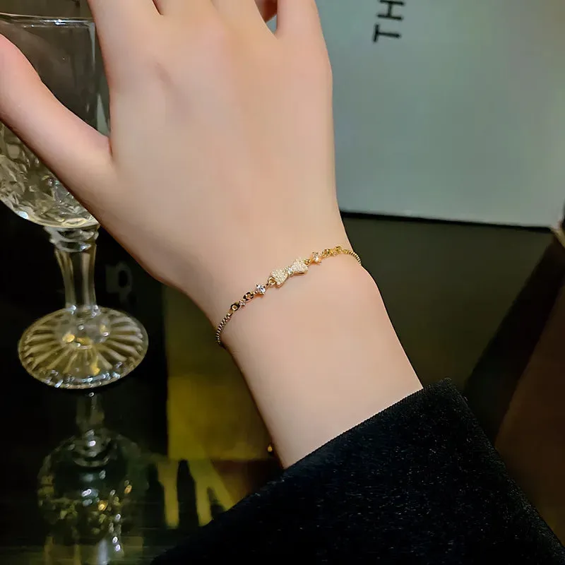 Golden Alloy Sweet Bow Bracelet For Women Adjustable Pearl Zircon Inlay