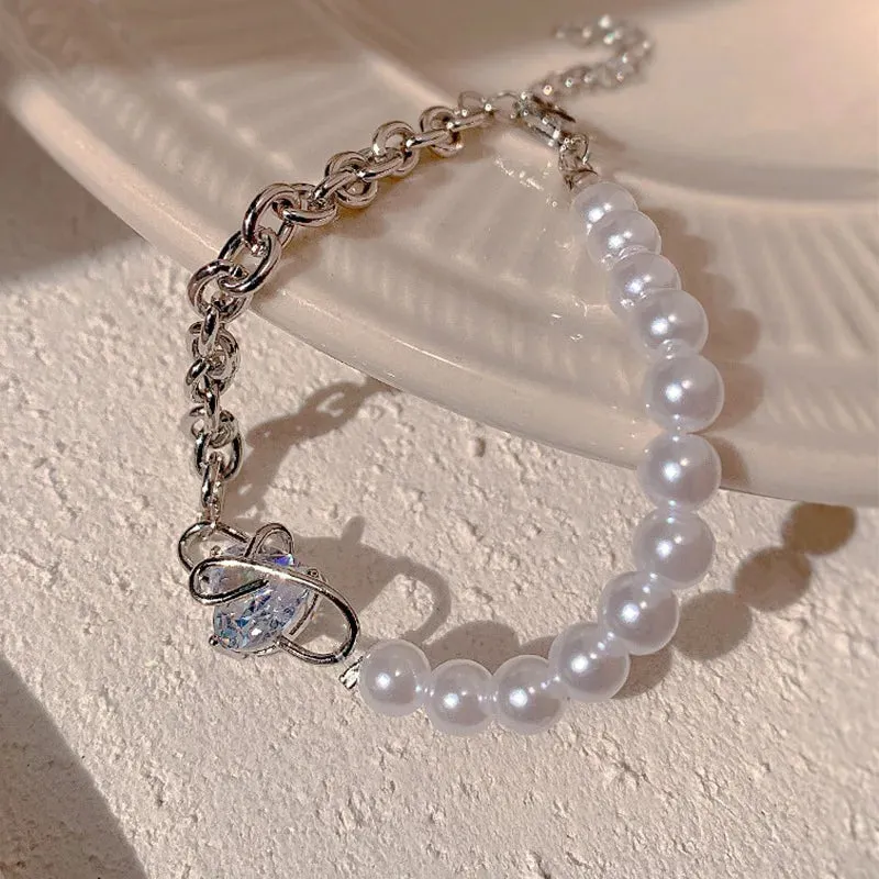 Golden Alloy Sweet Bow Bracelet For Women Adjustable Pearl Zircon Inlay