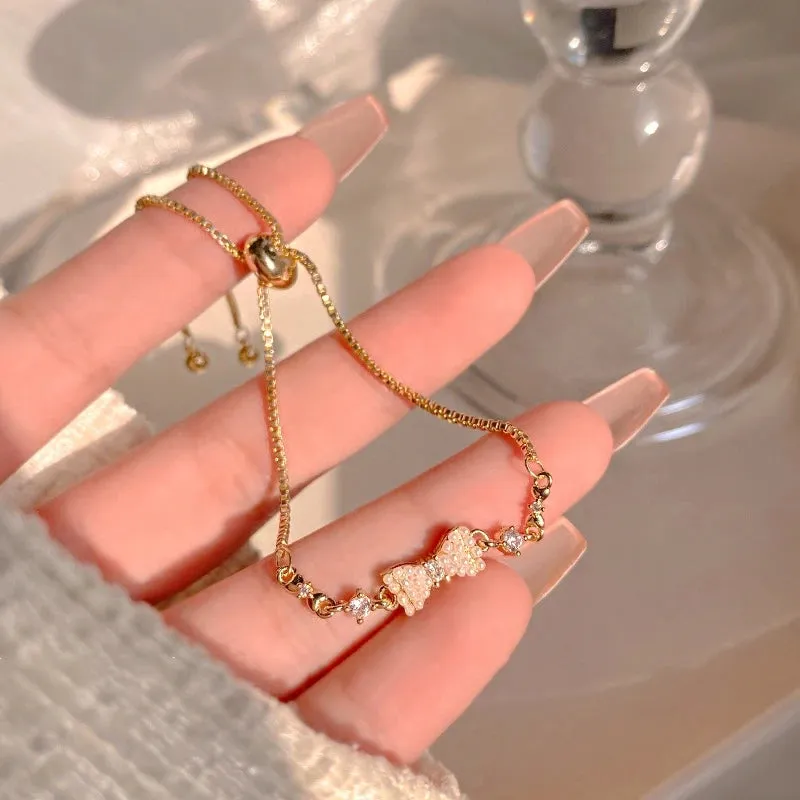 Golden Alloy Sweet Bow Bracelet For Women Adjustable Pearl Zircon Inlay
