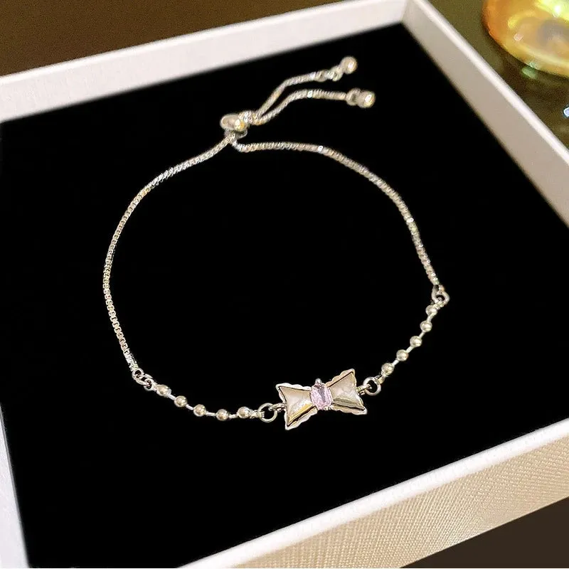 Golden Alloy Sweet Bow Bracelet For Women Adjustable Pearl Zircon Inlay