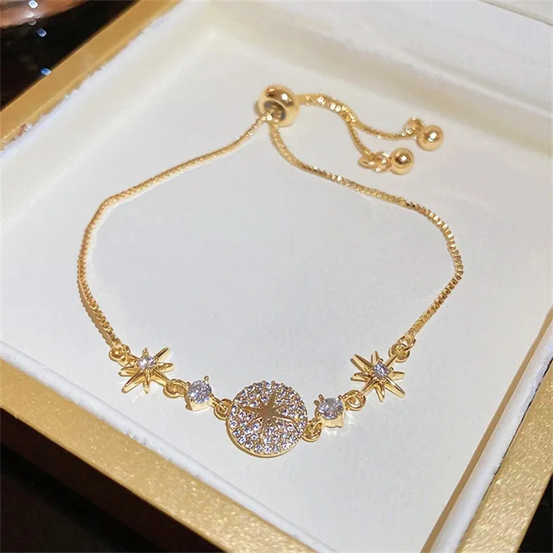 Golden Alloy Sweet Bow Bracelet For Women Adjustable Pearl Zircon Inlay