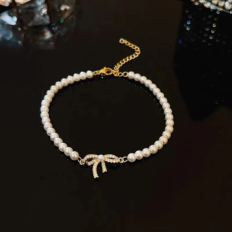 Golden Alloy Sweet Bow Bracelet For Women Adjustable Pearl Zircon Inlay