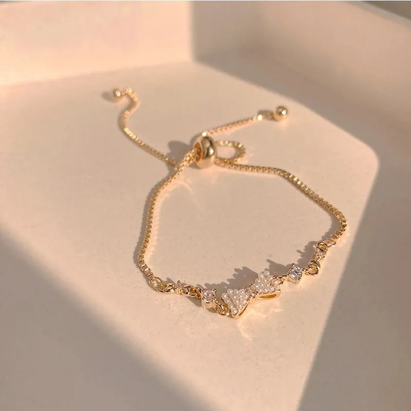 Golden Alloy Sweet Bow Bracelet For Women Adjustable Pearl Zircon Inlay