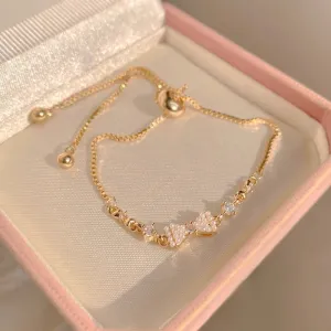 Golden Alloy Sweet Bow Bracelet For Women Adjustable Pearl Zircon Inlay