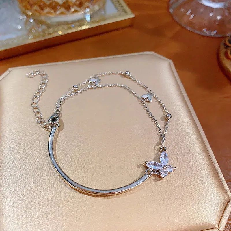Golden Alloy Sweet Bow Bracelet For Women Adjustable Pearl Zircon Inlay