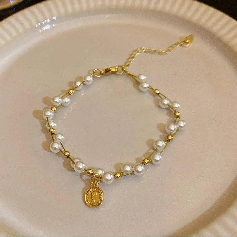 Golden Alloy Sweet Bow Bracelet For Women Adjustable Pearl Zircon Inlay