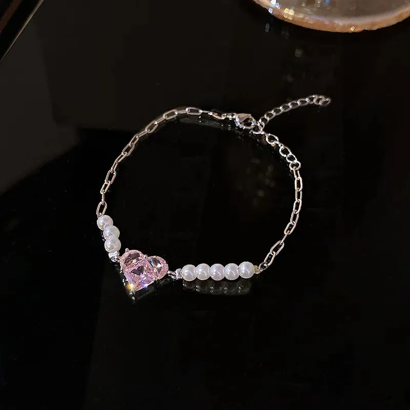 Golden Alloy Sweet Bow Bracelet For Women Adjustable Pearl Zircon Inlay