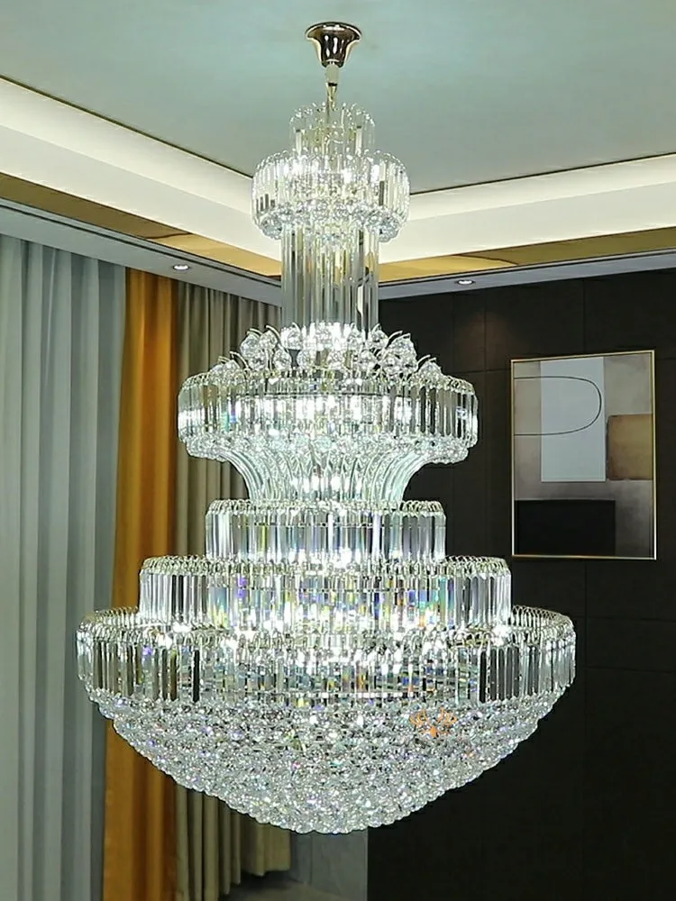Golden Era Grand Cascade Clear Crystal Chandelier for High-ceiling